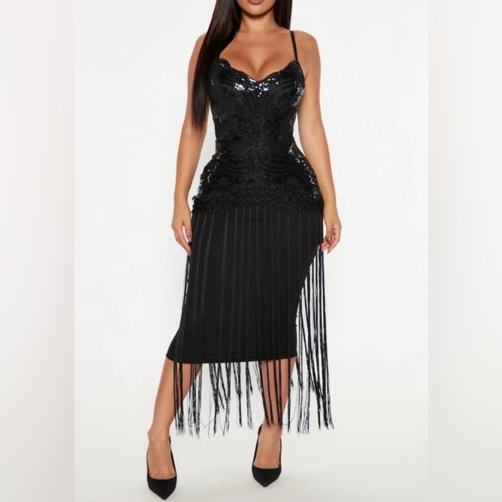 Fashion Nova “Deep In My Soul” Black Sequin Fringe Fun Midi Dress